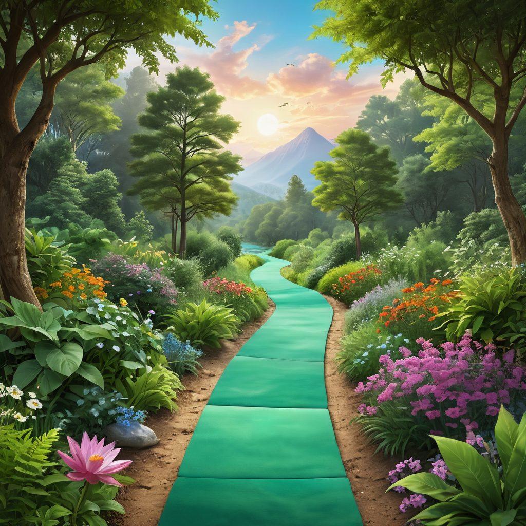 A serene pathway winding through a lush green landscape, symbolizing hope and resilience in a cancer journey. Include vibrant illustrations of supportive hands reaching out, wellness symbols like yoga mats and healthy food, and innovative treatment symbols like DNA helixes and medical technology. The overall atmosphere should be uplifting and encouraging, inviting viewers to embark on a journey of healing. vibrant colors. super-realistic. inspirational.