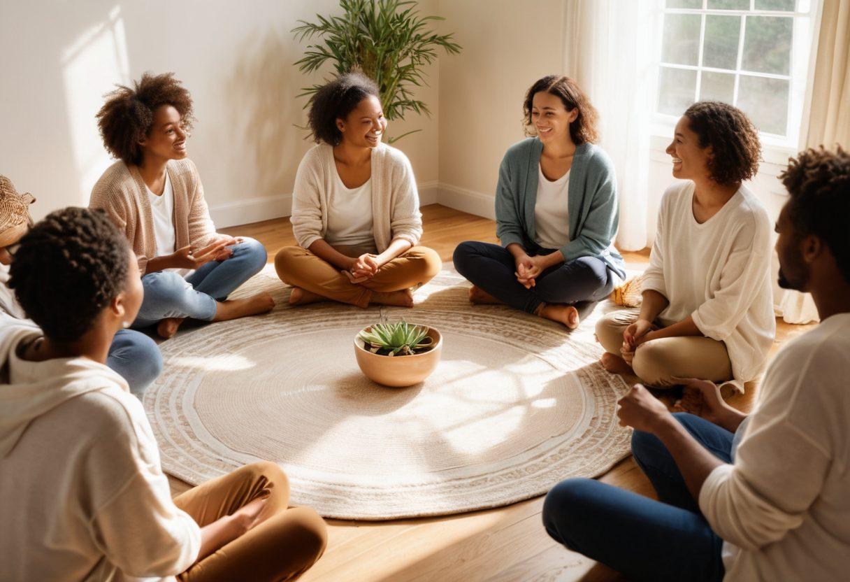 A diverse group of individuals sitting in a warm, inviting circle, sharing stories and smiles, with a soft sunlight filtering through and casting gentle shadows. Each person should represent different stages, ages, and ethnicities, symbolizing the inclusivity of support groups. Place serene plants and comforting items like blankets and coffee mugs around them, enhancing the sense of community and warmth. Capture the essence of hope and resilience in their expressions. super-realistic. soft colors. natural light.