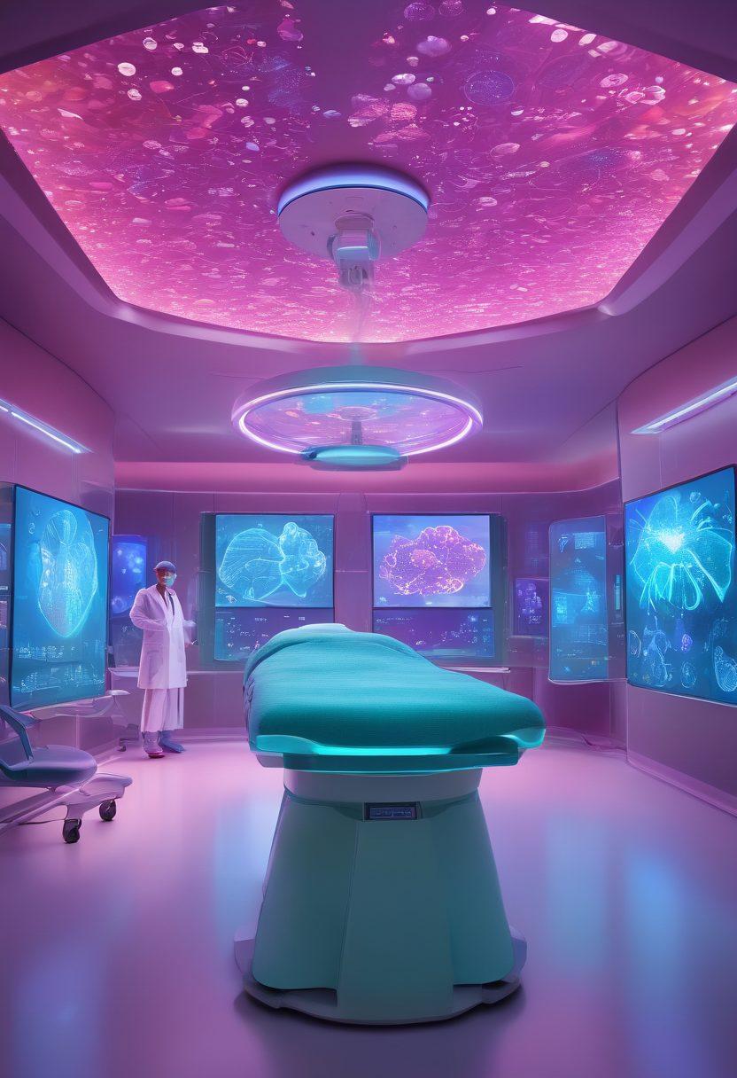 A futuristic cancer treatment room with advanced medical technology, showcasing holographic displays of innovative treatment methods. A diverse group of doctors and patients engaging in a discussion, surrounded by vibrant illustrations of cells and DNA strands, symbolizing hope and healing. Bright, uplifting colors to convey a sense of optimism and progress. super-realistic. vibrant colors. 3D.